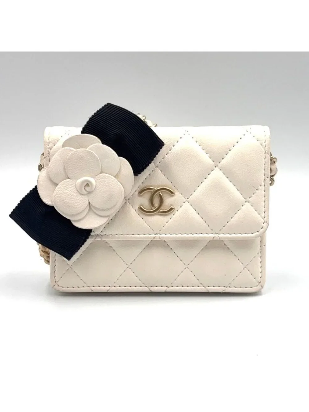 Chanel Quilted Camellia Ribbon Wallet Lambskin Fabric Black White Shoulder